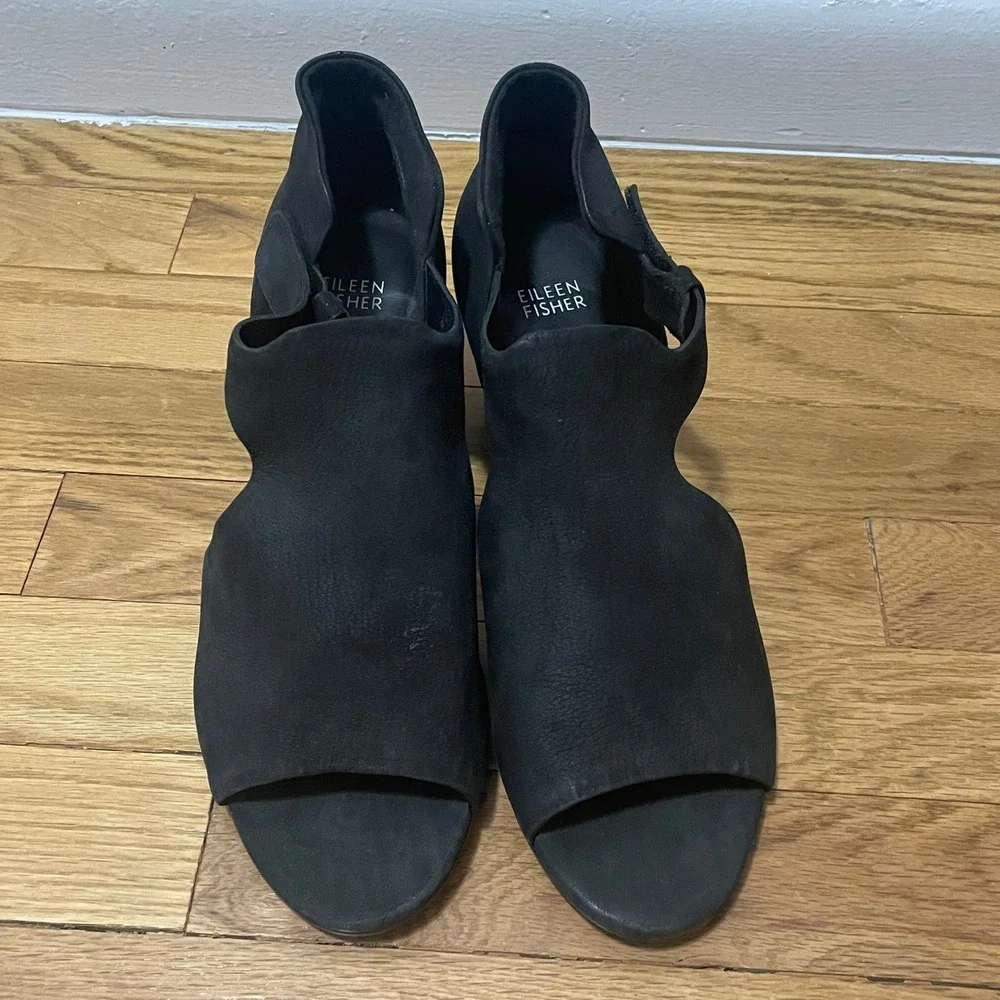 Eileen‎ Fisher Black Leather Open Toe Wedge Sandals Cutout Booties Women's 10